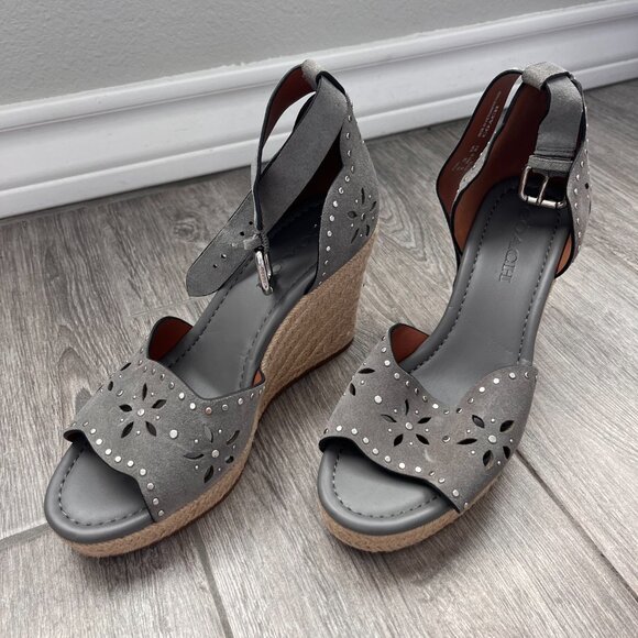 COACH Kelsi Wedge Espadrille Sandals Heathered Gray Suede Studded